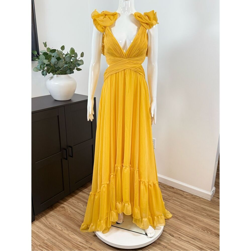 Mac Duggal Womens Chiffon Ruffle Sleeve V Neck A-Line Gown Marigold Size 10 - Picture 7 of 14